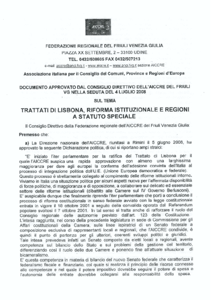 IL DOCUMENTO AICCRE FVG SUI TRATTATI DI LISBONA, RIFORMA ISTITUZIONALE E REGIONI A STATUTO SPECIALE