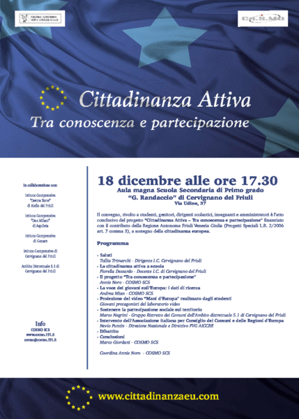 CONVEGNO “Cittadinanza attiva tra conoscenza e partecipazione” IL 18 DICEMBRE A CERVIGNANO DEL FRIULI