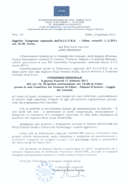 VENERDI’ 11 FEBBRAIO A UDINE IL CONGRESSO REGIONALE DELL’A.I.C.C.R.E. F.V.G.