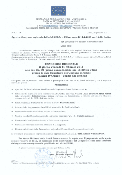 CONGRESSO REGIONALE DELL’A.I.C.C.R.E. F.V.G. PER IL RINNOVO DEGLI ORGANI