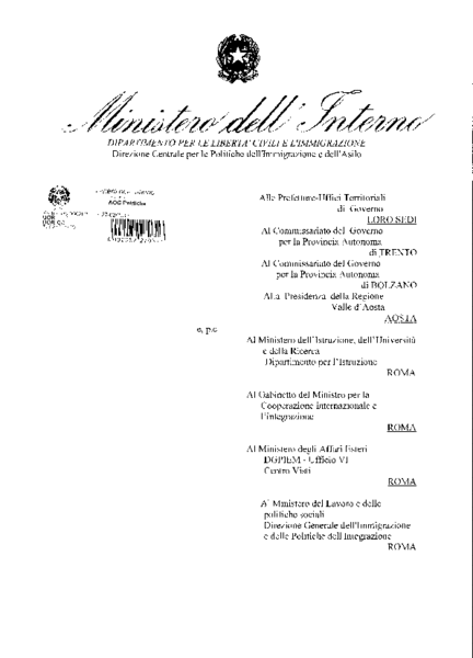 CARTA BLU UE. RICONOSCIMENTO DELLE QUALIFICHE PROFESSIONALI SUPERIORI DI CUI ALL’ART. 27 QUATER, COMMA 1, LETTERA A) DEL T.U. IMMIGRAZIONE N. 286 DEL 25 LUGLIO 1998. ISTRUZIONI OPERATIVE.